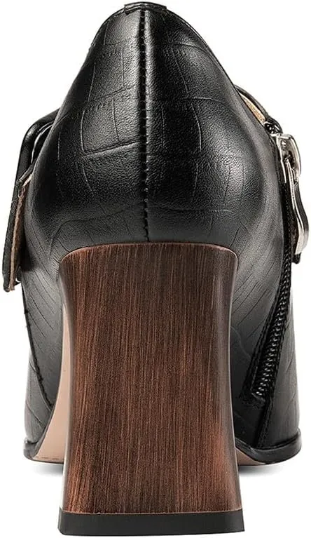 TinaCus Women's Pointed Toe Embossed Genuine Leather Handmade Buckle Mid Block Heels Zip Up Pumps Shoes