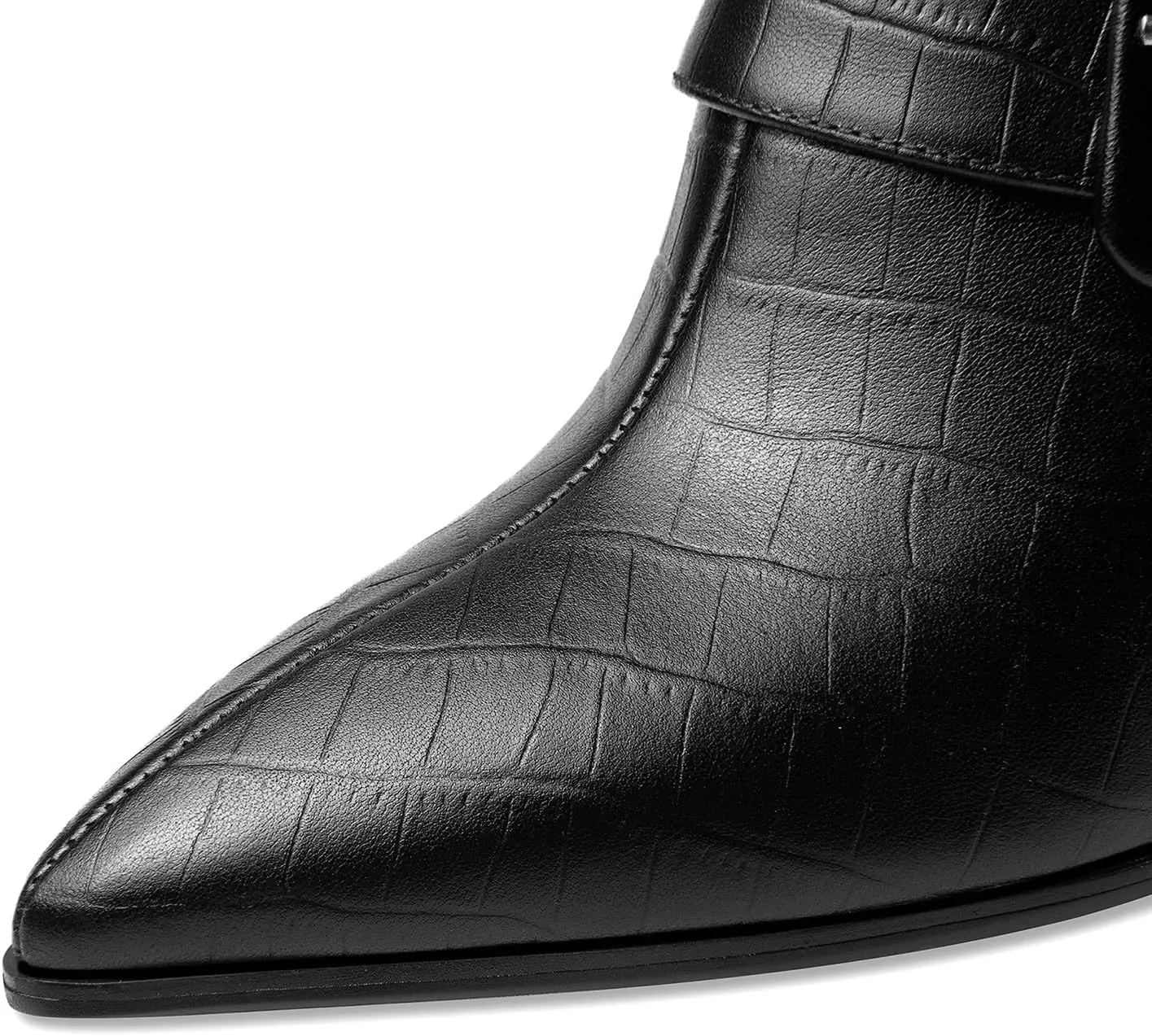 TinaCus Women's Pointed Toe Embossed Genuine Leather Handmade Buckle Mid Block Heels Zip Up Pumps Shoes