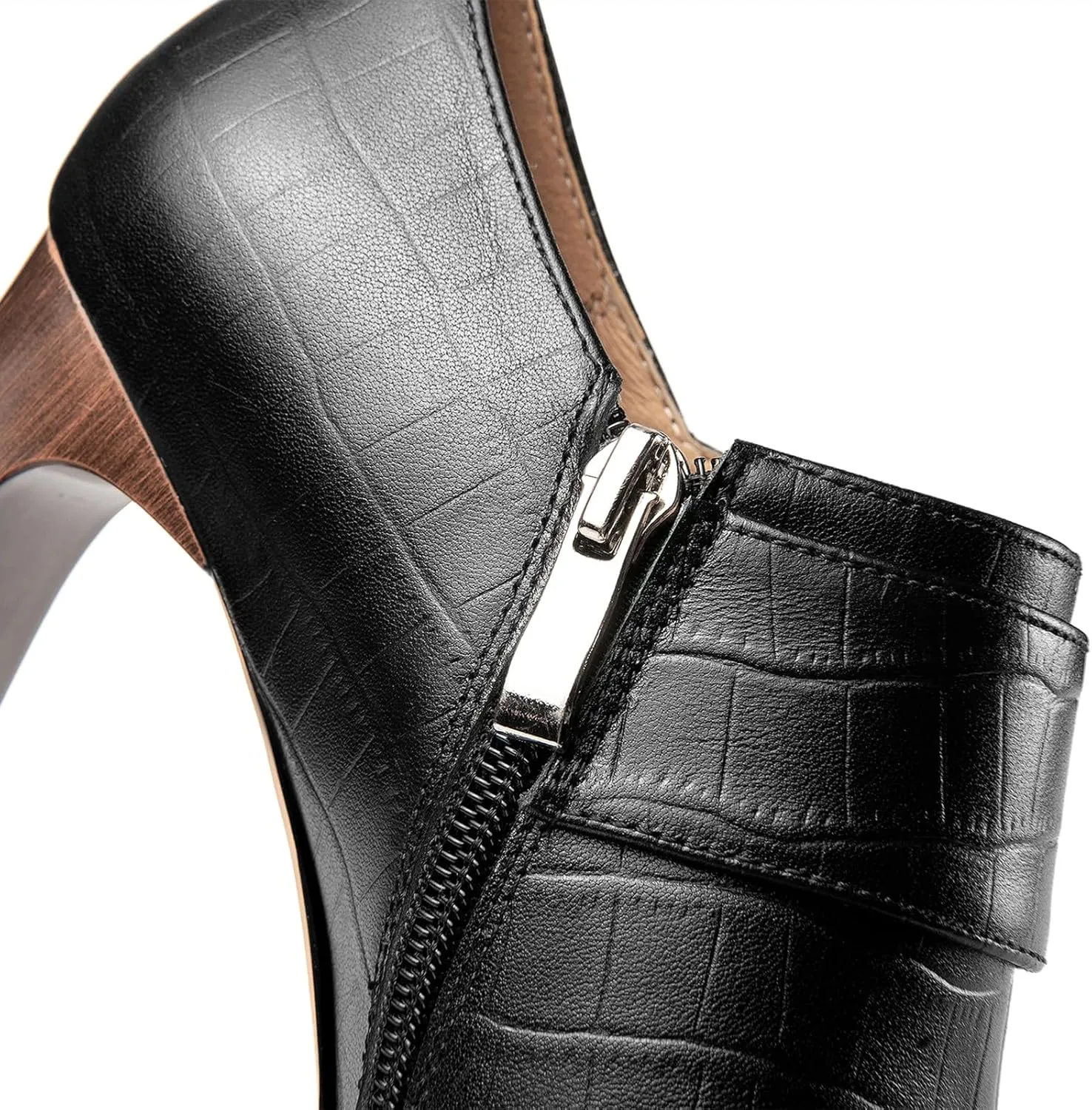 TinaCus Women's Pointed Toe Embossed Genuine Leather Handmade Buckle Mid Block Heels Zip Up Pumps Shoes