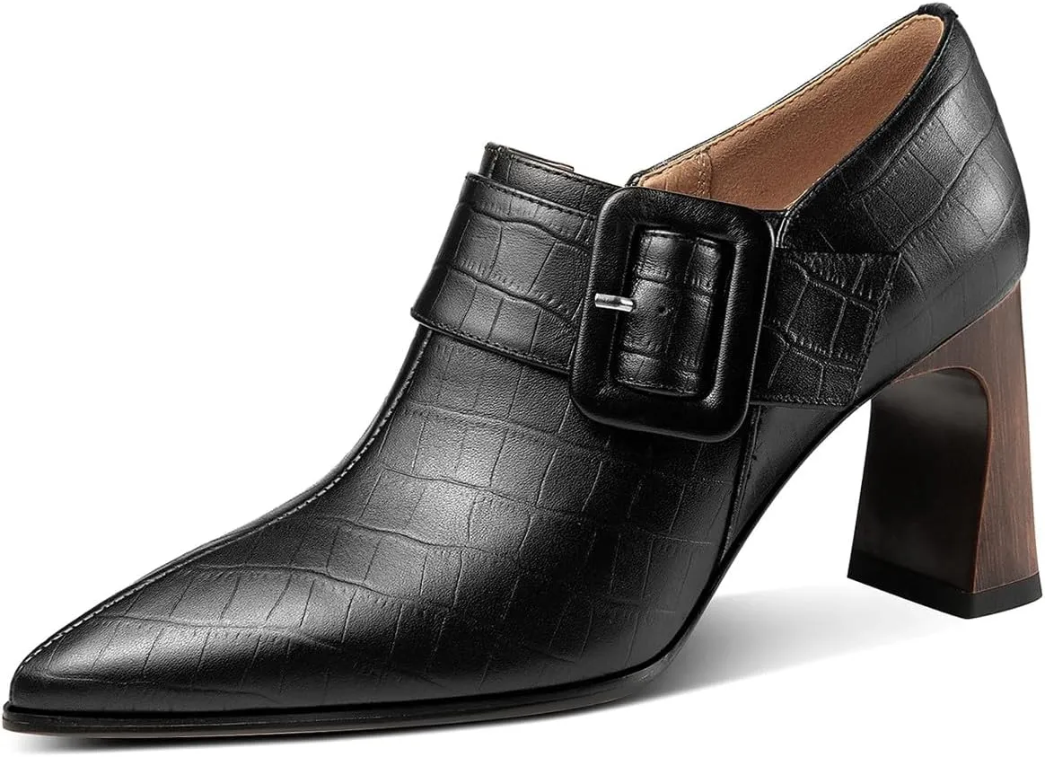 TinaCus Women's Pointed Toe Embossed Genuine Leather Handmade Buckle Mid Block Heels Zip Up Pumps Shoes