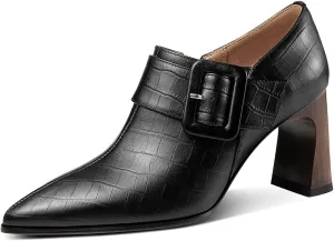 TinaCus Women's Pointed Toe Embossed Genuine Leather Handmade Buckle Mid Block Heels Zip Up Pumps Shoes