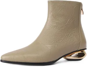 TinaCus Women's Pointed Toe Embossed Genuine Leather Handmade Low Heels Back Zip Up Ankle Boots