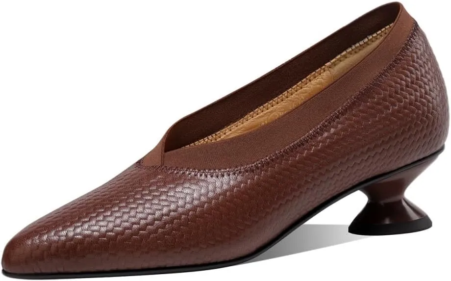 TinaCus Women's Pointed Toe Handmade Cone Heels Embossed Genuine Leather Retro Pumps Shoes