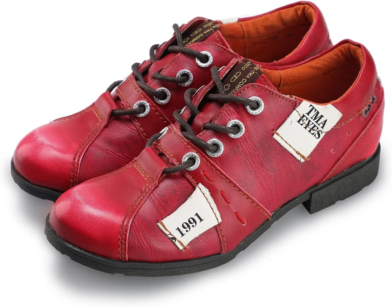TMA EYES & MAiA Womens Handmade Stitching Shoes Leather Lace-up Low Heel Women Casual Shoes