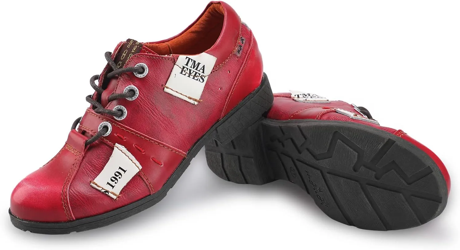 TMA EYES & MAiA Womens Handmade Stitching Shoes Leather Lace-up Low Heel Women Casual Shoes