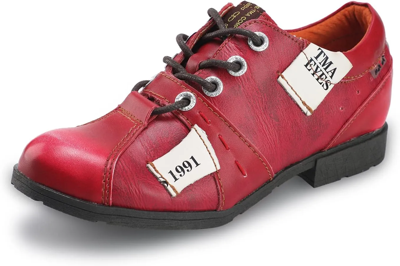 TMA EYES & MAiA Womens Handmade Stitching Shoes Leather Lace-up Low Heel Women Casual Shoes