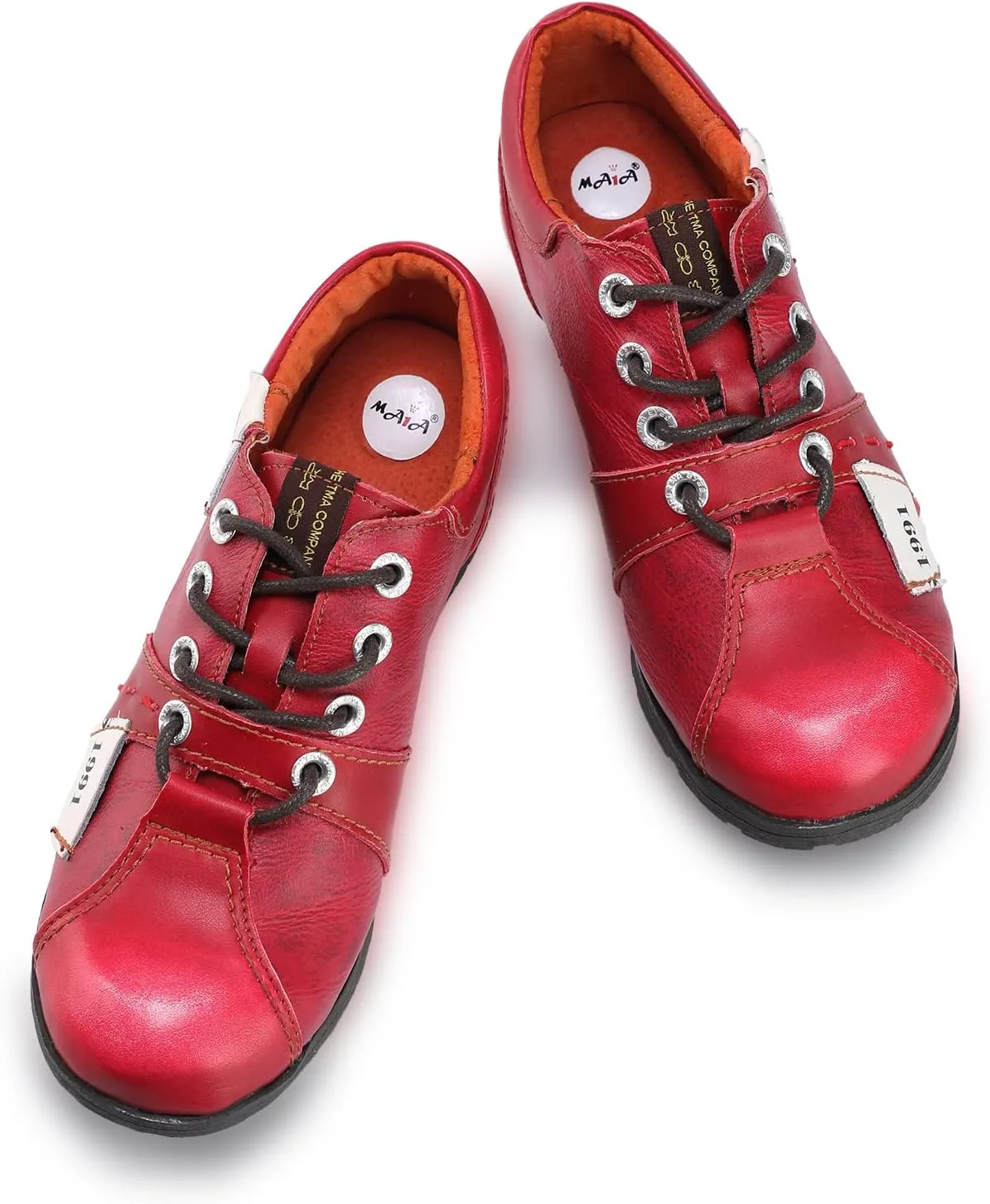 TMA EYES & MAiA Womens Handmade Stitching Shoes Leather Lace-up Low Heel Women Casual Shoes