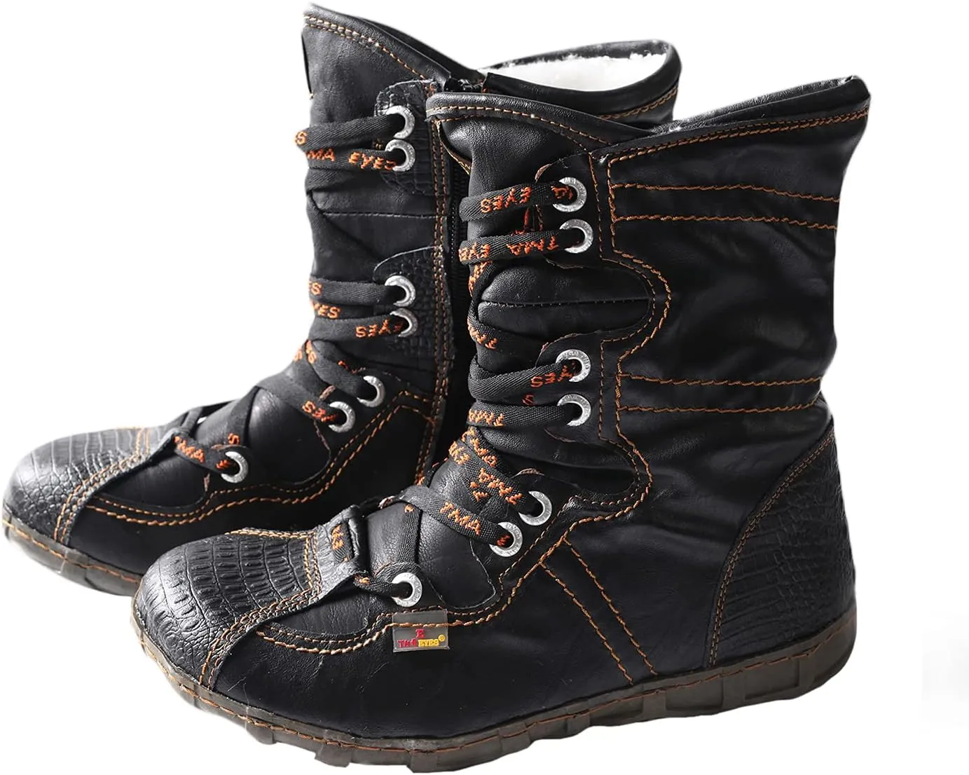 TMA EYES Snake-Embossed Leather and PU Upper Faux Fur Lining Short Flat Boot for Women