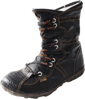 TMA EYES Snake-Embossed Leather and PU Upper Faux Fur Lining Short Flat Boot for Women