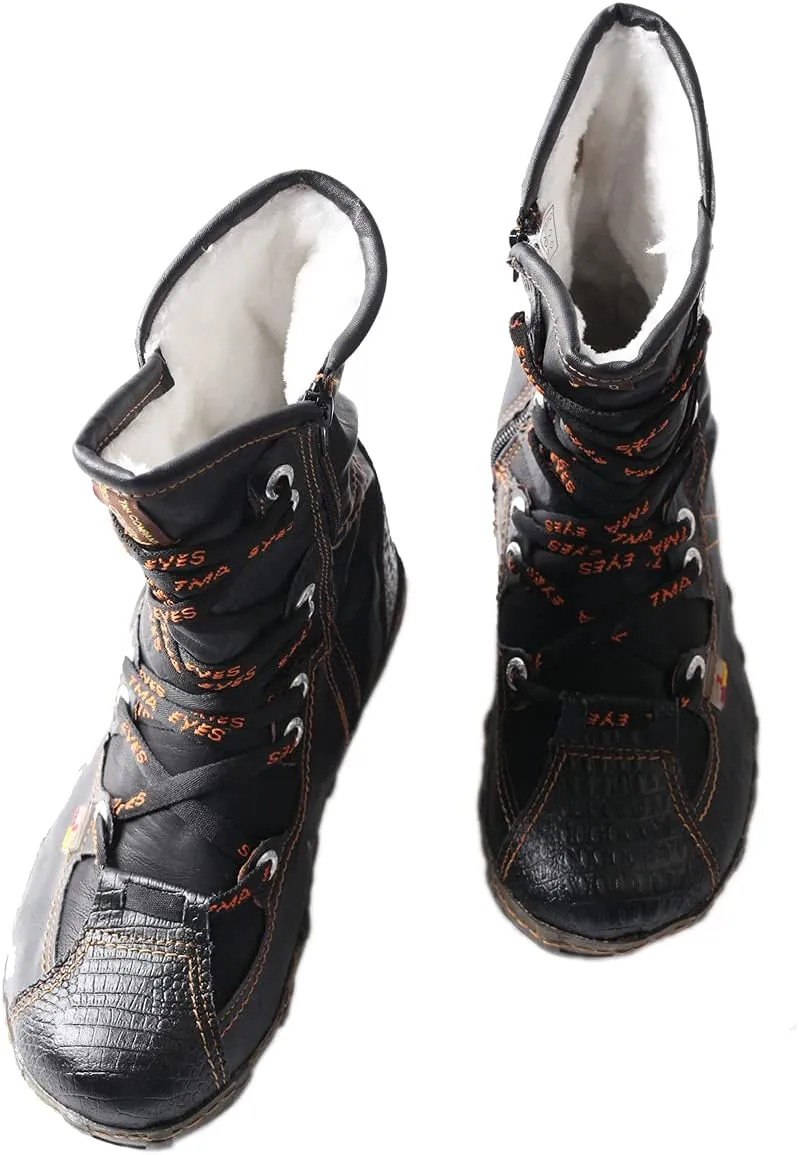 TMA EYES Snake-Embossed Leather and PU Upper Faux Fur Lining Short Flat Boot for Women