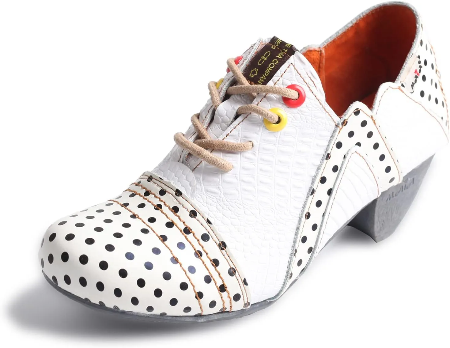 TMA EYES Women's Retro Polka Dot Leather Booties Low Heel Lace Up Women's Ankle Boots