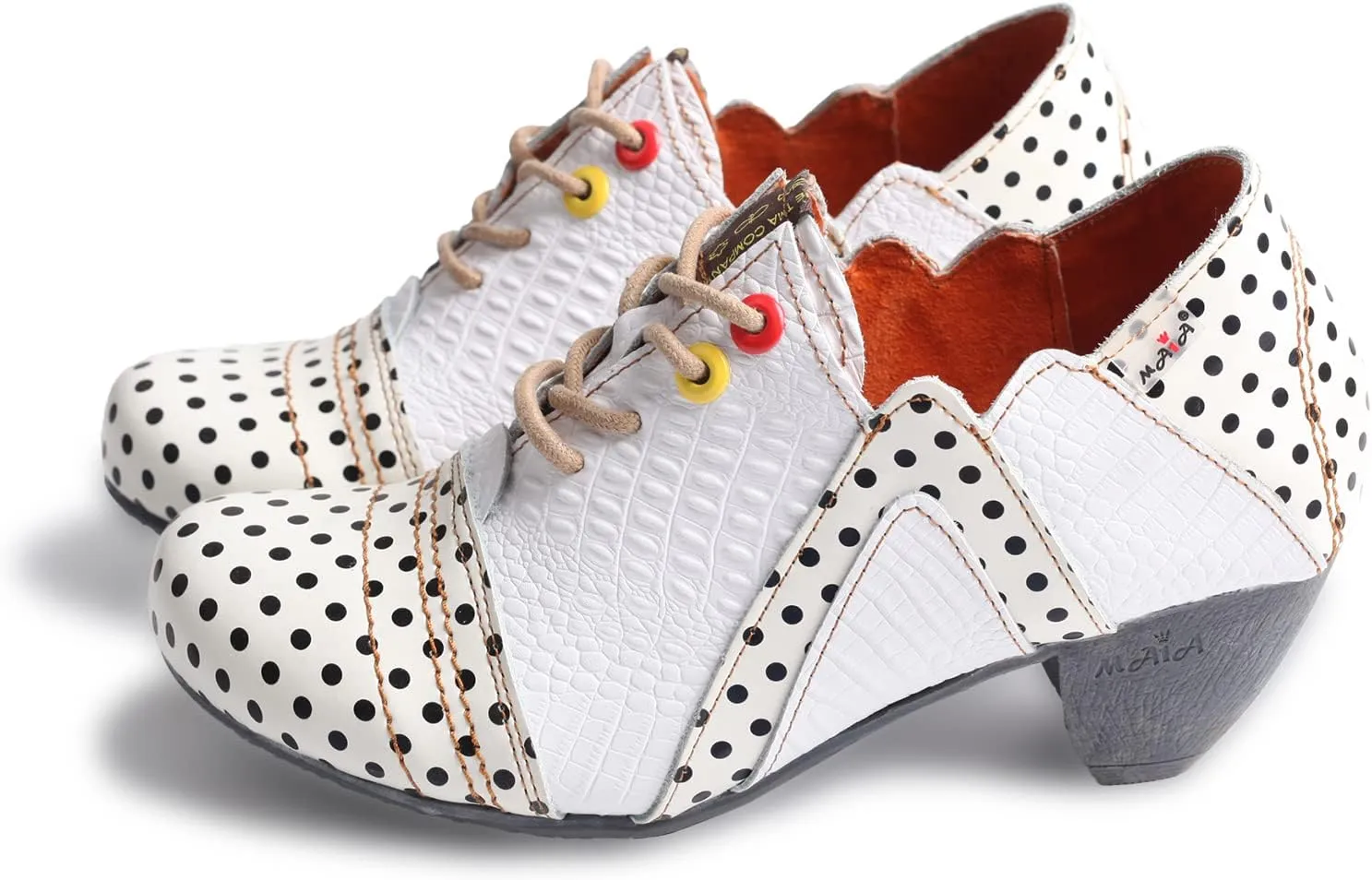 TMA EYES Women's Retro Polka Dot Leather Booties Low Heel Lace Up Women's Ankle Boots