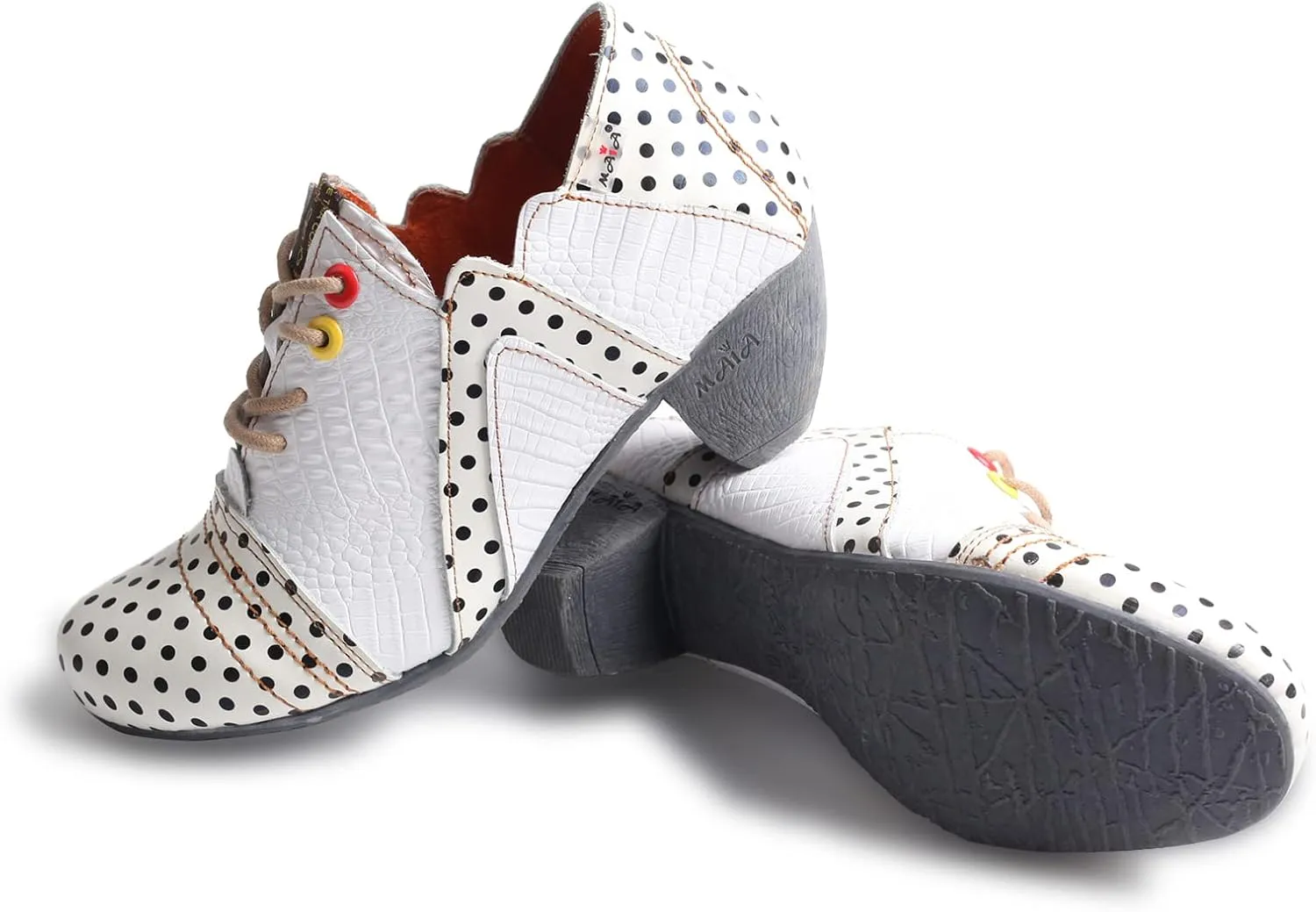 TMA EYES Women's Retro Polka Dot Leather Booties Low Heel Lace Up Women's Ankle Boots
