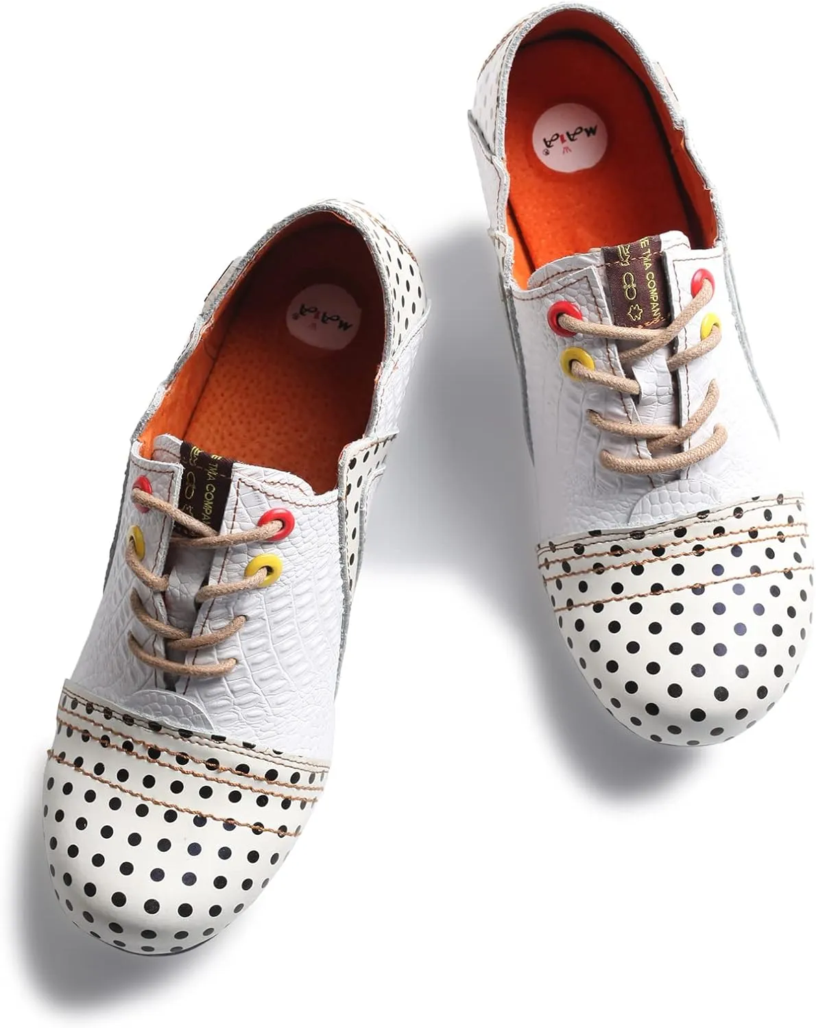 TMA EYES Women's Retro Polka Dot Leather Booties Low Heel Lace Up Women's Ankle Boots