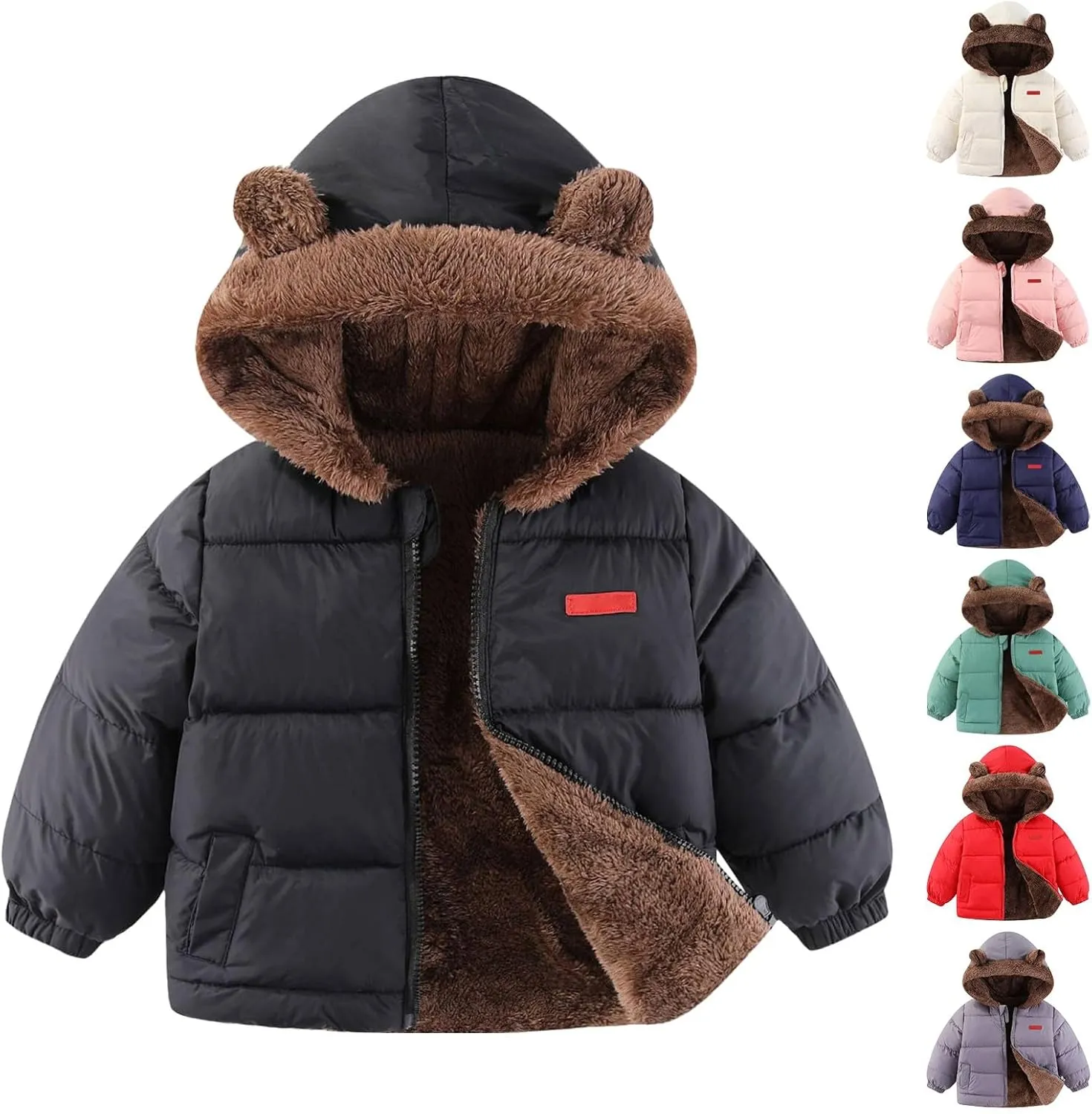 Toddler Boys Girls Winter Coat Sherpa Lined Hooded Puffer Jacket Kids Fuzzy Fleece Quilted Jacket Padded Down Coat
