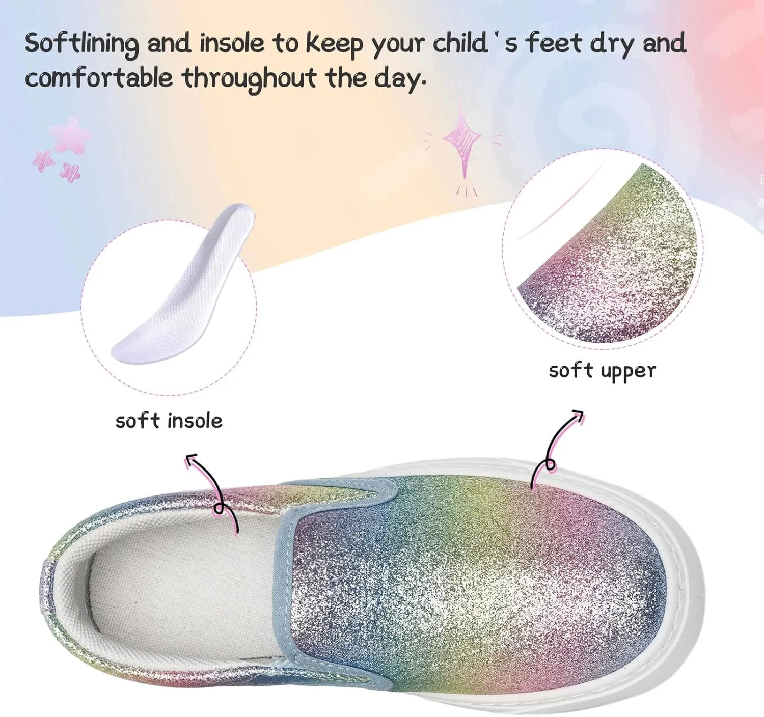 Toddler Sneakers for Girls Boys Low Top Slip On Kids Canvas Casual Shoes Comfortable Walking Sequins Glitter Shoes
