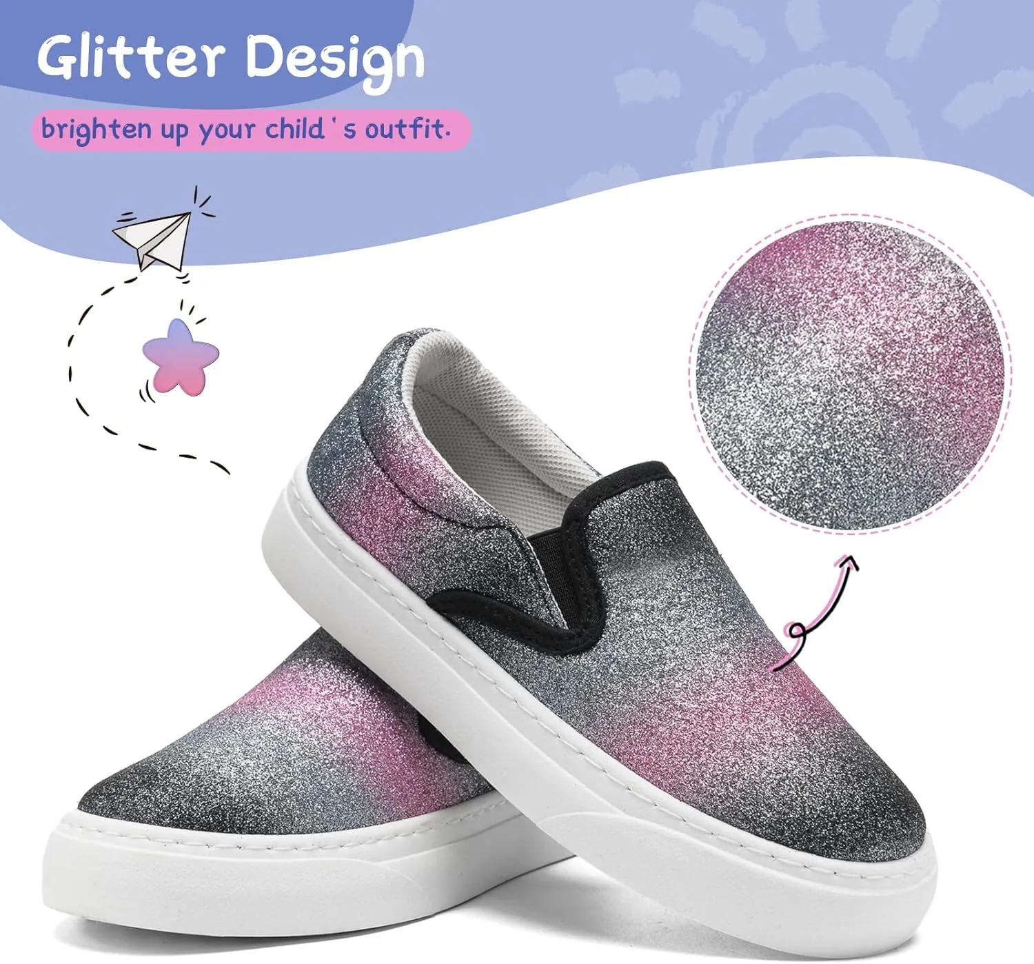 Toddler Sneakers for Girls Boys Low Top Slip On Kids Canvas Casual Shoes Comfortable Walking Sequins Glitter Shoes