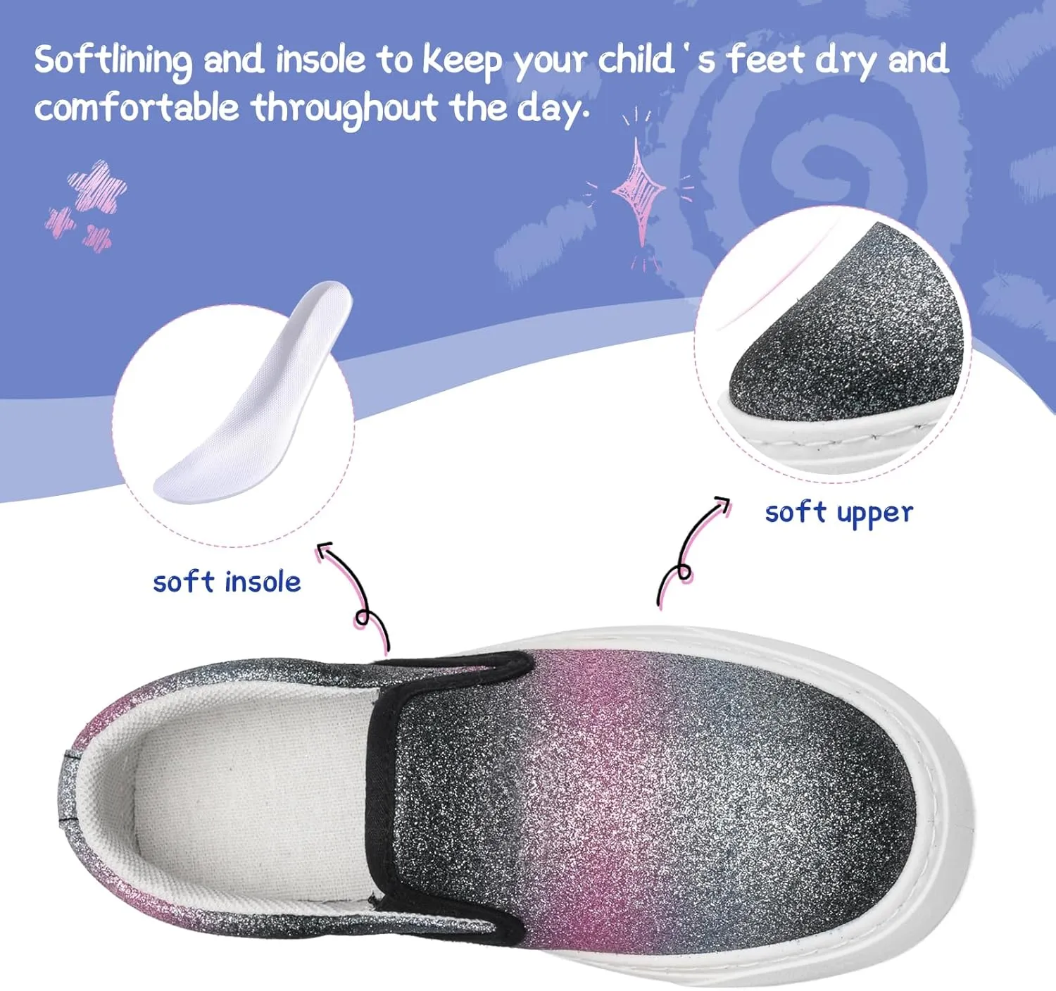 Toddler Sneakers for Girls Boys Low Top Slip On Kids Canvas Casual Shoes Comfortable Walking Sequins Glitter Shoes