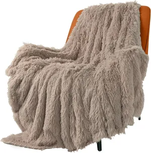 TOONOW Extra Soft Fuzzy Faux Fur Throw Blanket 50"x60", Reversible Lightweight Fluffy Cozy Plush Comfy Microfiber Fleece Decorative Shaggy Blanket for Couch Sofa Bed, Khaki