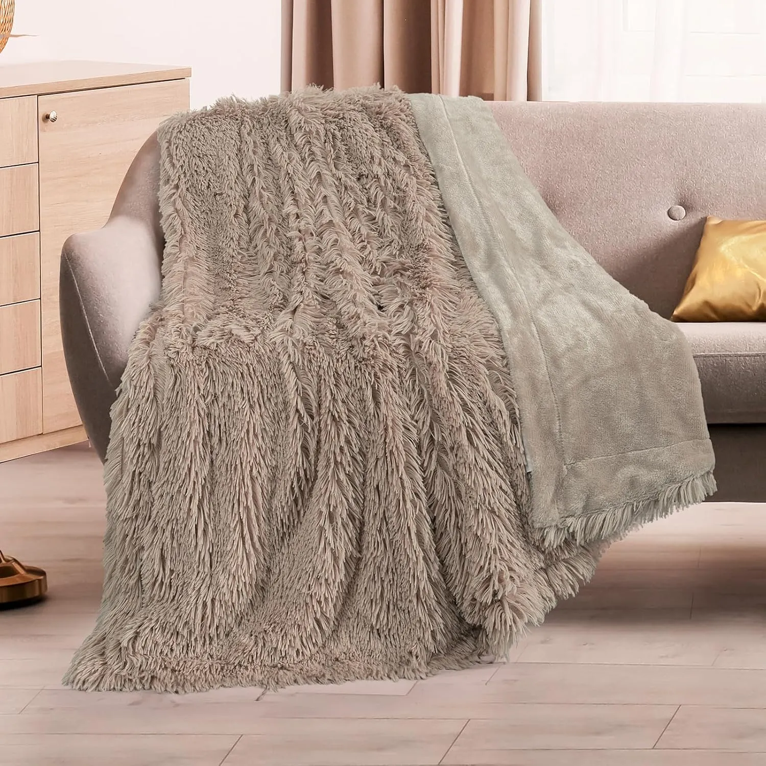 TOONOW Extra Soft Fuzzy Faux Fur Throw Blanket 50"x60", Reversible Lightweight Fluffy Cozy Plush Comfy Microfiber Fleece Decorative Shaggy Blanket for Couch Sofa Bed, Khaki