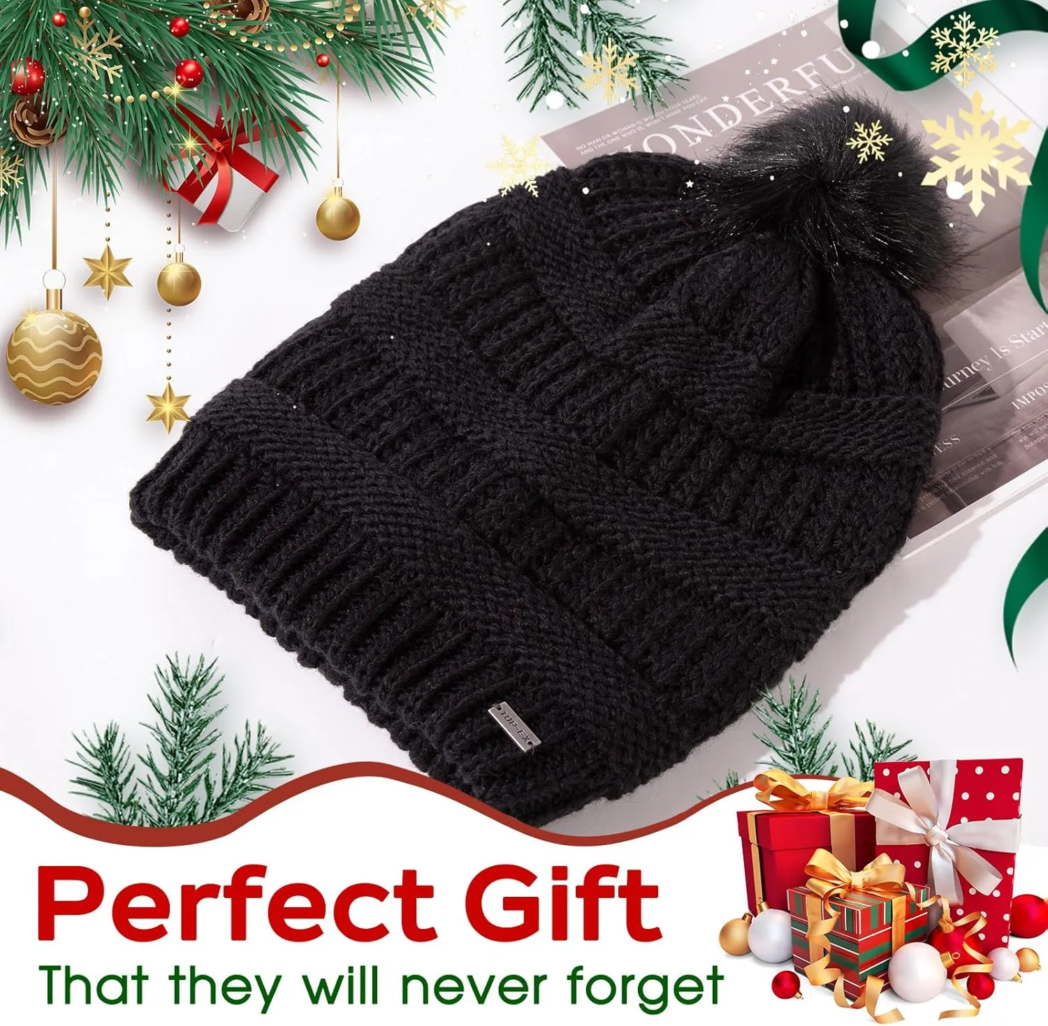 TOP-EX 100% Merino Wool Winter Slouchy Beanie for Women with Faux Fur Pom - Satin or Fleece Lined Hats for Cold Weather