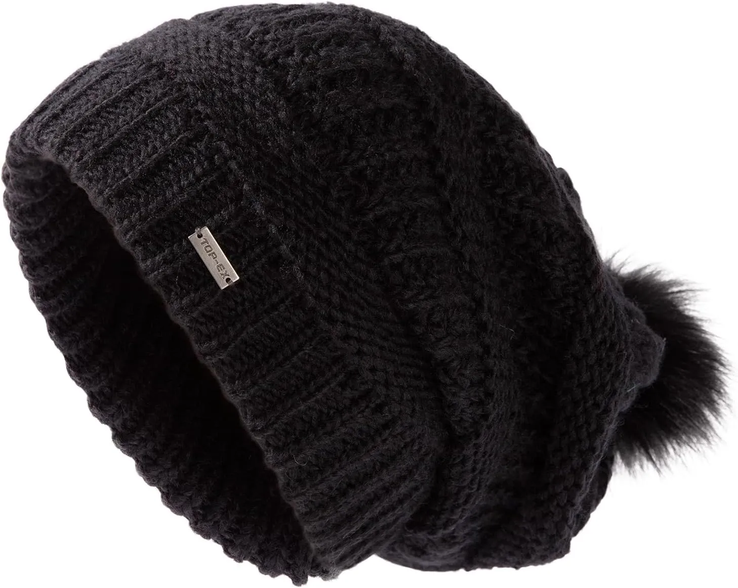 TOP-EX 100% Merino Wool Winter Slouchy Beanie for Women with Faux Fur Pom - Satin or Fleece Lined Hats for Cold Weather