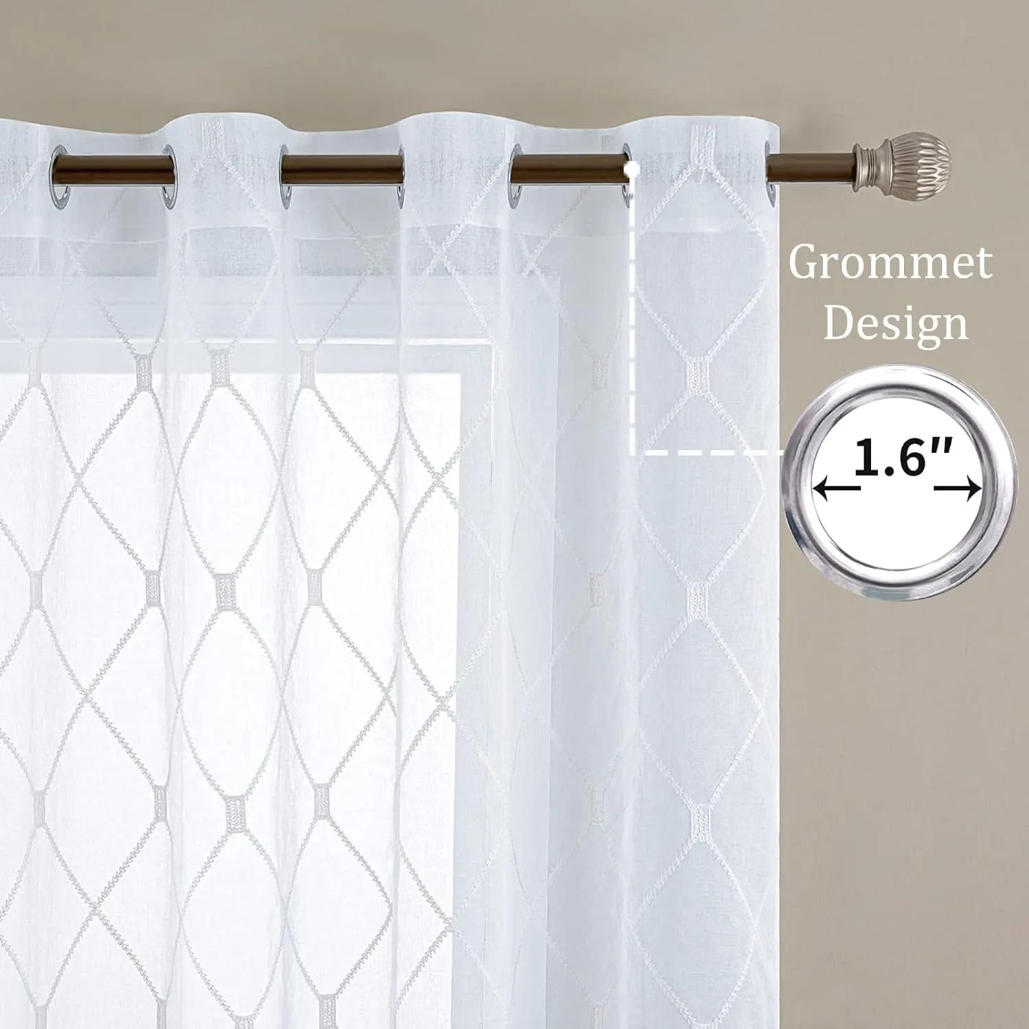 Top Finel White Sheer Curtains 63 Inch Length Embroidered Diamond Grommet Window Curtains for Living Room Bedroom, 2 Panels