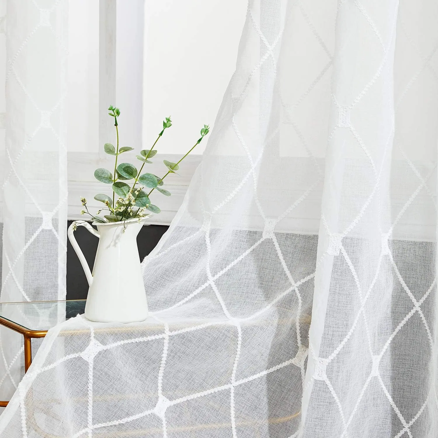 Top Finel White Sheer Curtains 63 Inch Length Embroidered Diamond Grommet Window Curtains for Living Room Bedroom, 2 Panels