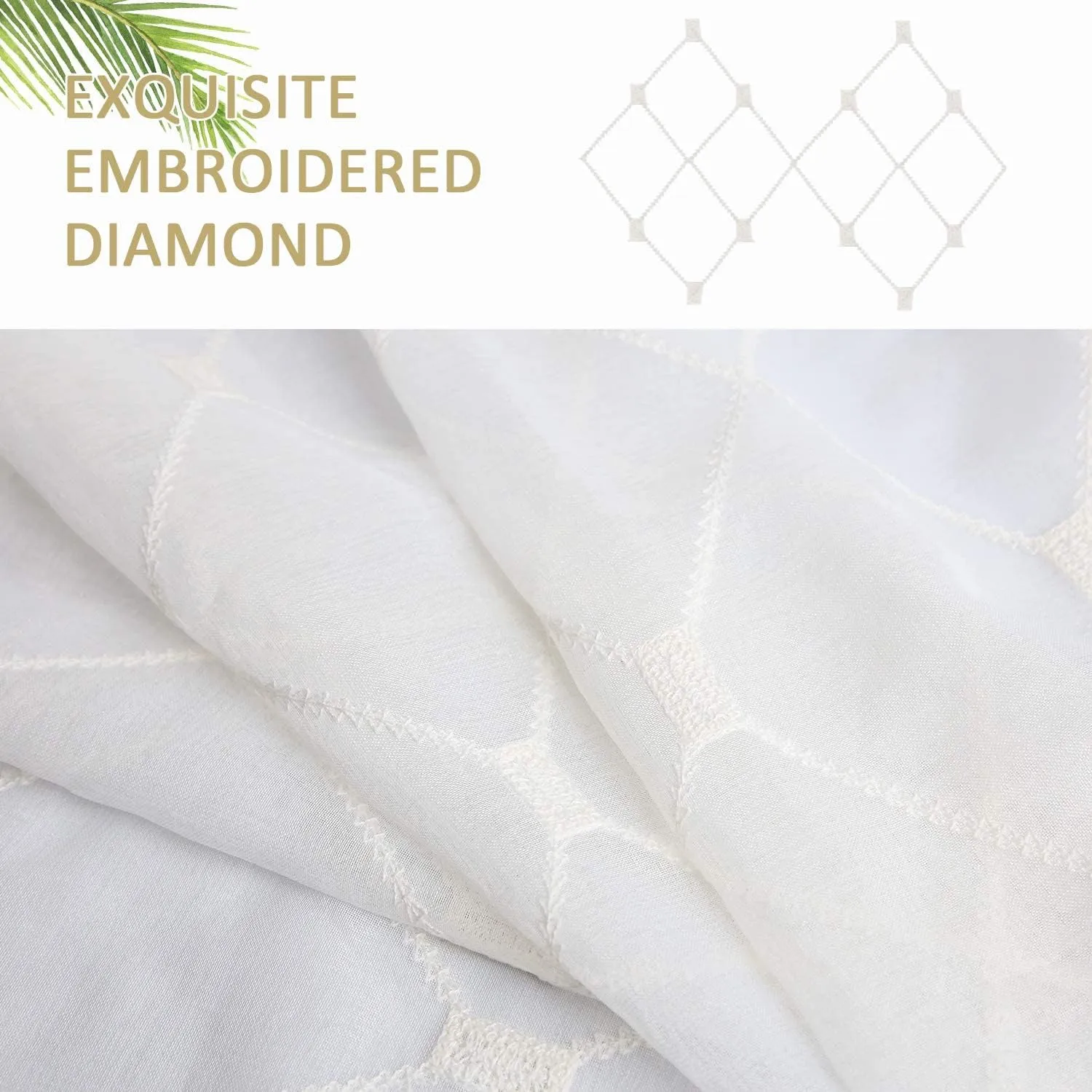 Top Finel White Sheer Curtains 63 Inch Length Embroidered Diamond Grommet Window Curtains for Living Room Bedroom, 2 Panels