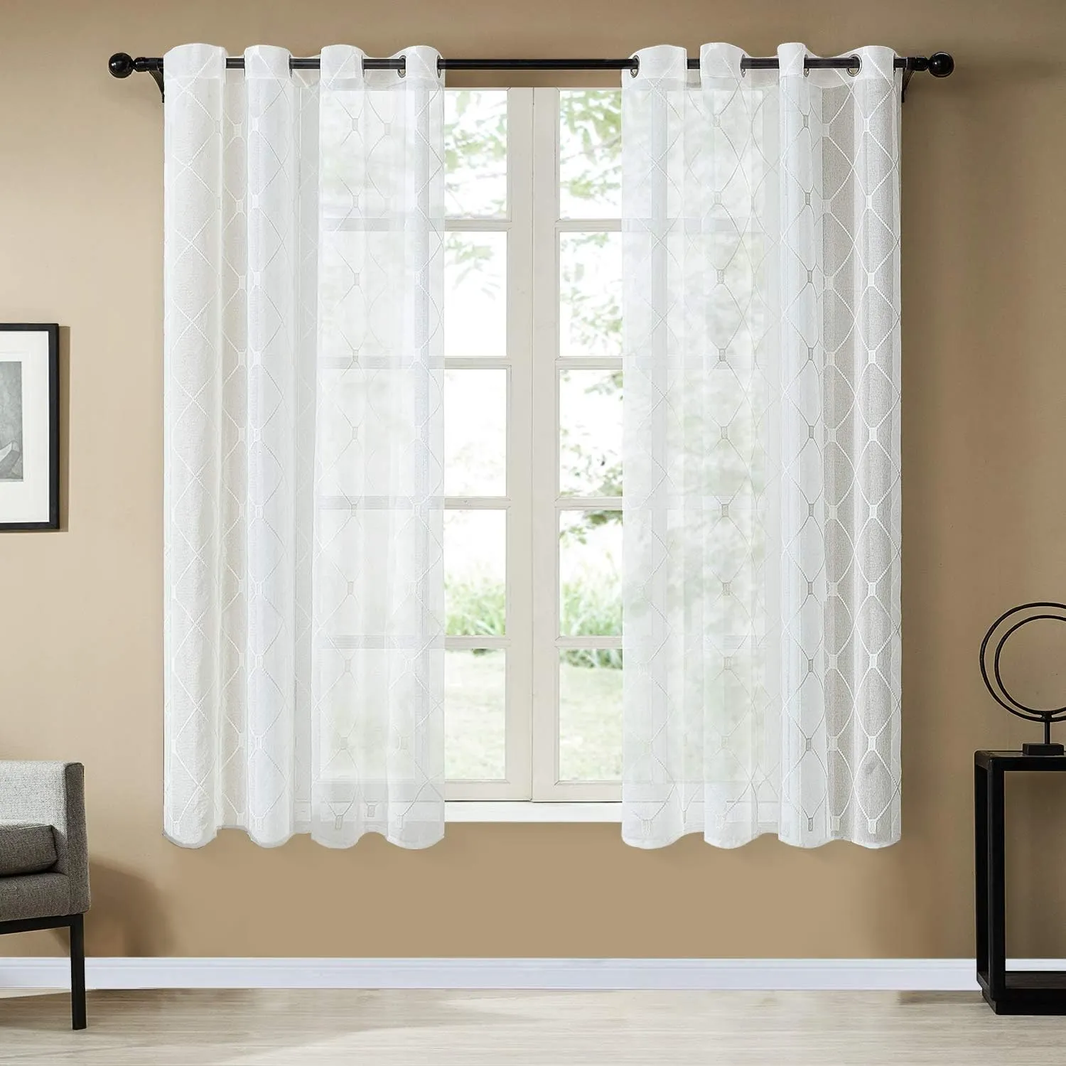 Top Finel White Sheer Curtains 63 Inch Length Embroidered Diamond Grommet Window Curtains for Living Room Bedroom, 2 Panels