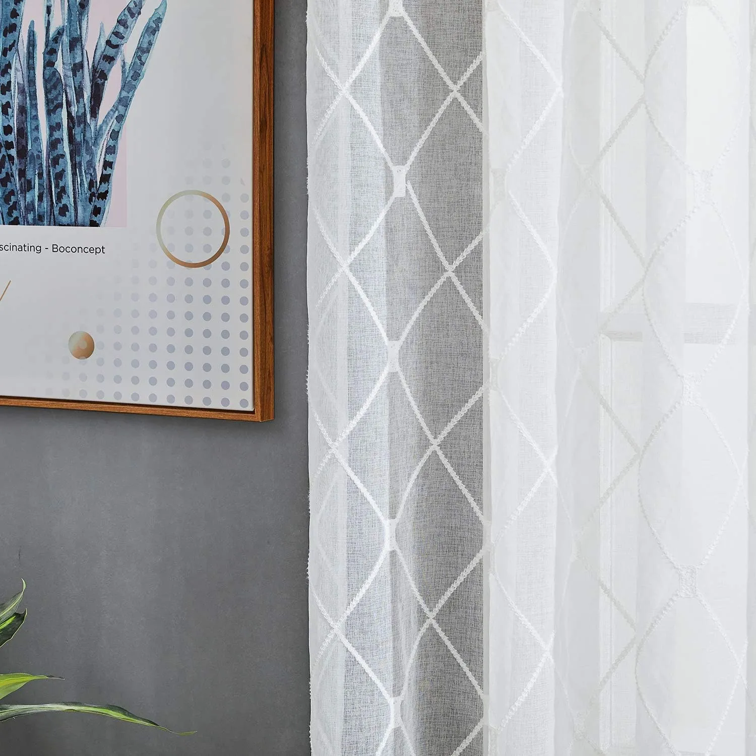 Top Finel White Sheer Curtains 63 Inch Length Embroidered Diamond Grommet Window Curtains for Living Room Bedroom, 2 Panels