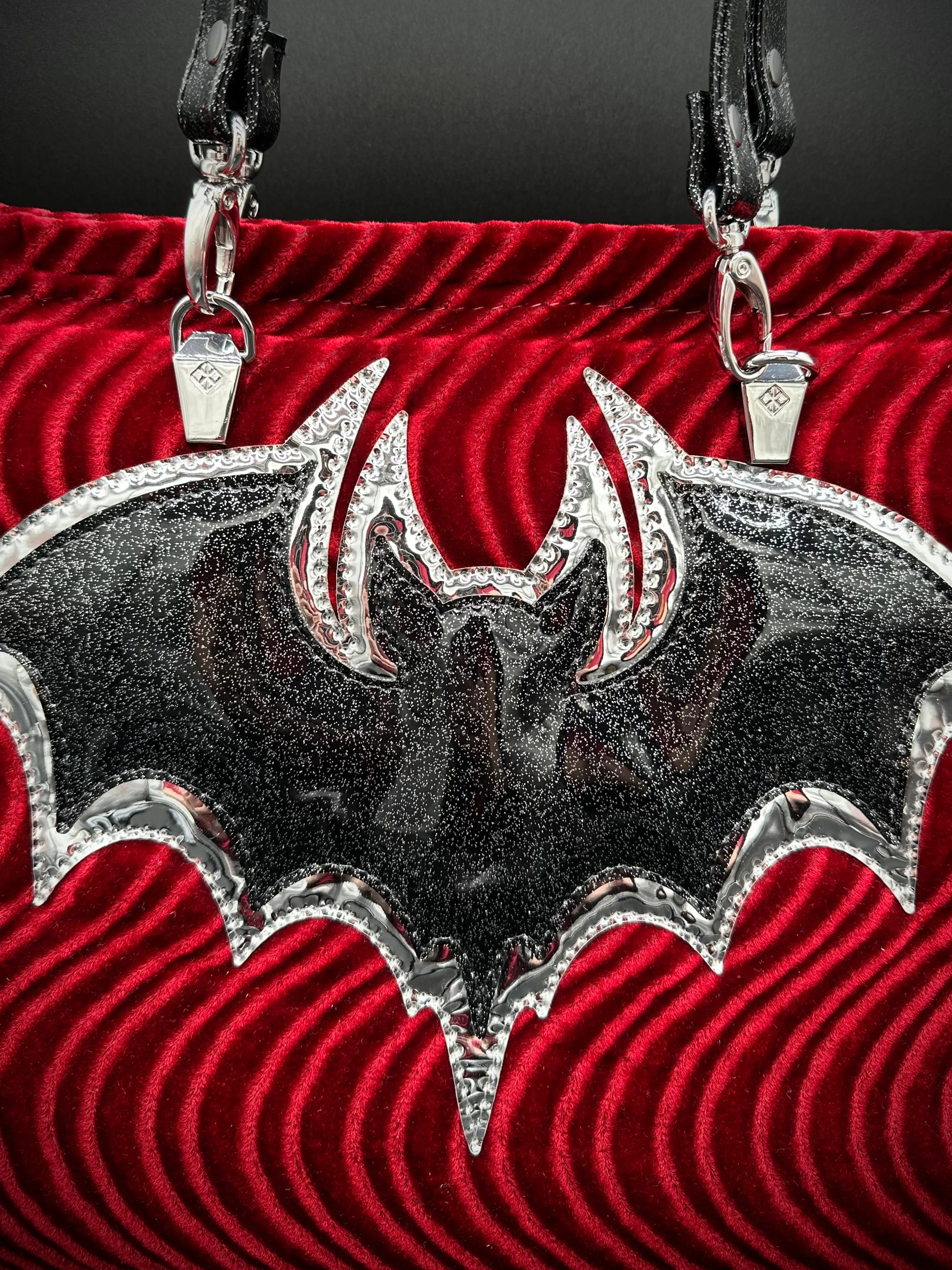 Tote - Double Bats on ONE side - Blood Red Swirl Velvet, Silver Chrome, Black Extra Glitter