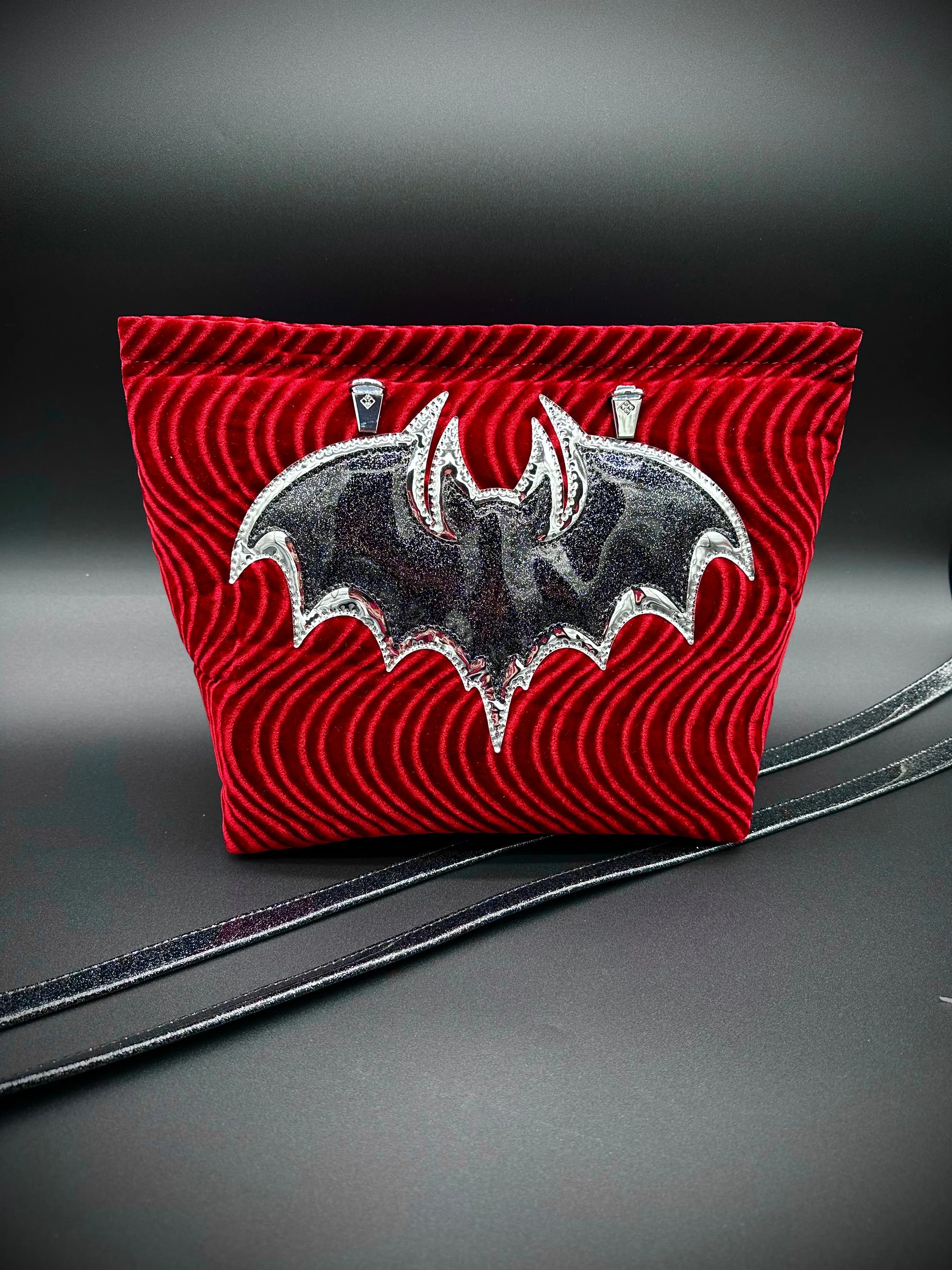 Tote - Double Bats on ONE side - Blood Red Swirl Velvet, Silver Chrome, Black Extra Glitter