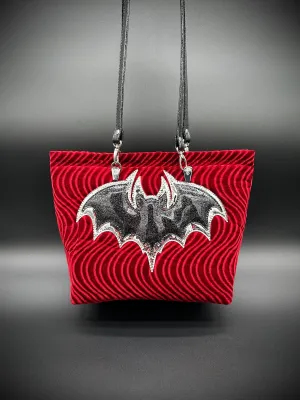 Tote - Double Bats on ONE side - Blood Red Swirl Velvet, Silver Chrome, Black Extra Glitter