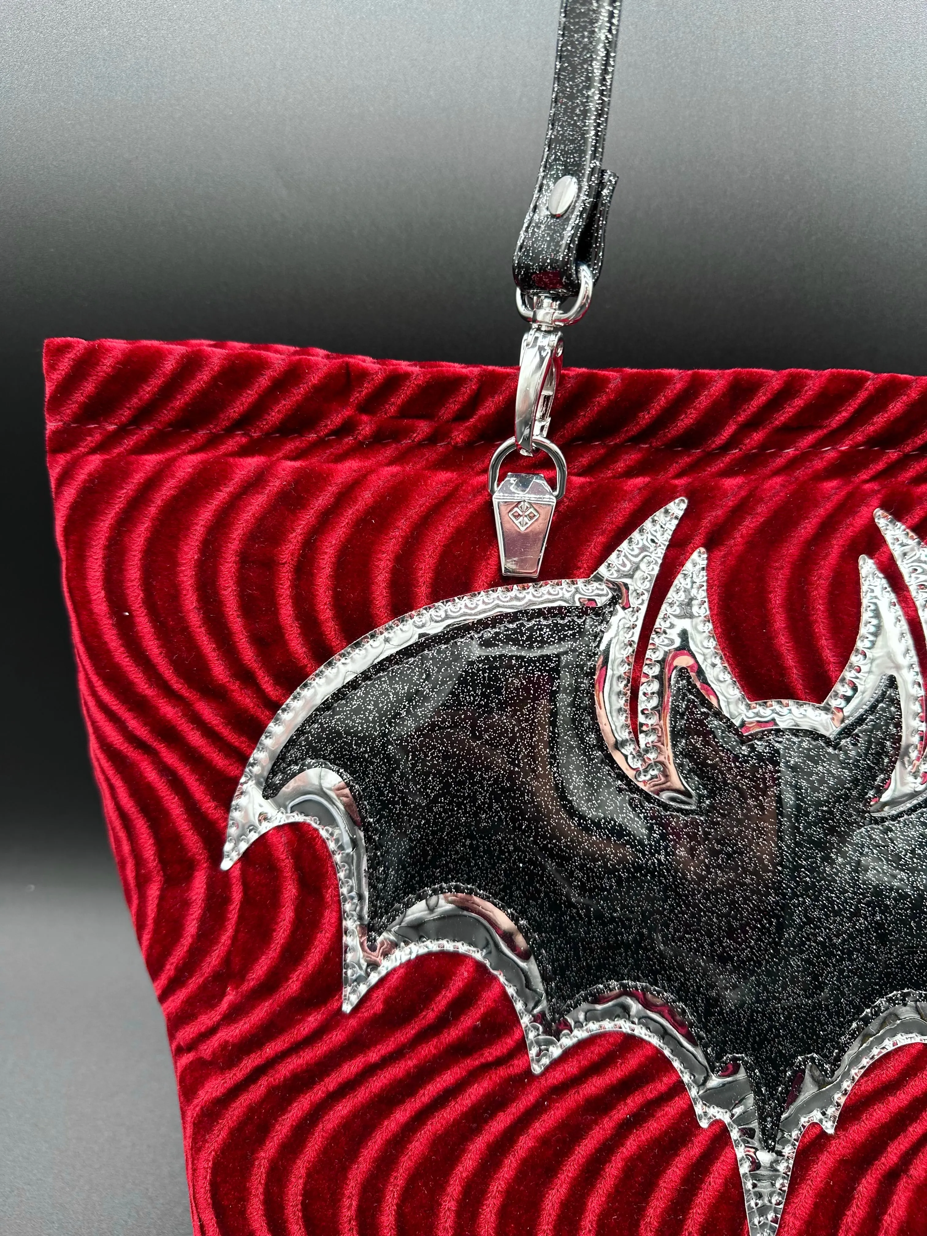Tote - Double Bats on ONE side - Blood Red Swirl Velvet, Silver Chrome, Black Extra Glitter