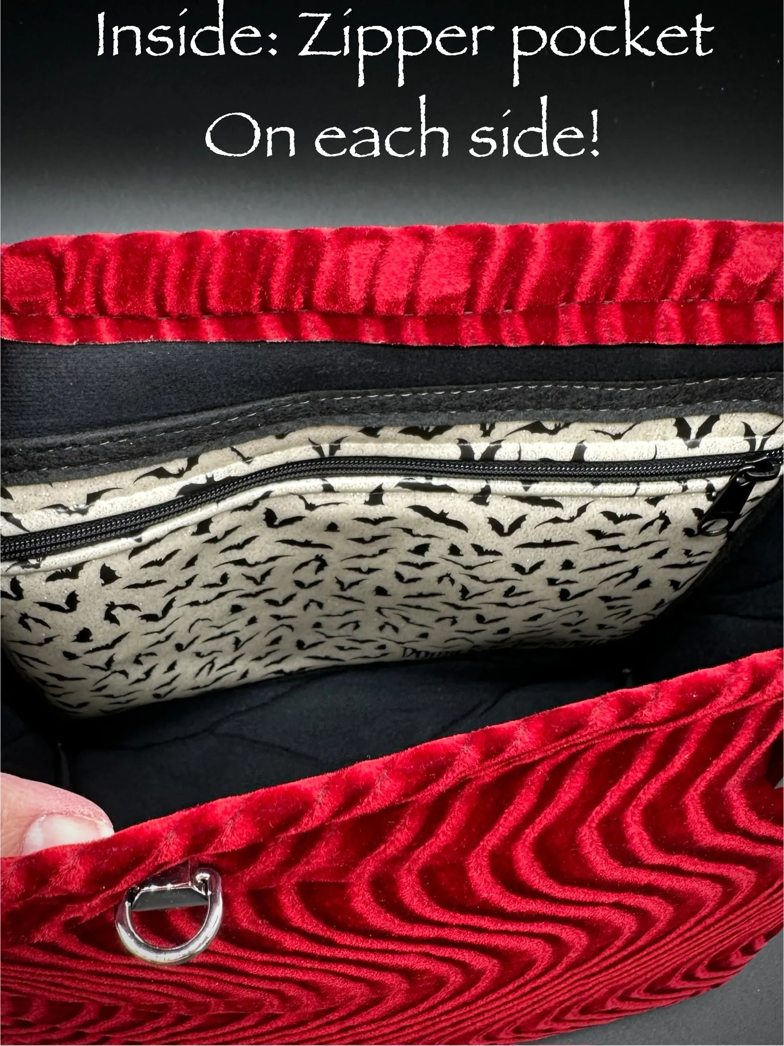 Tote - Double Bats on ONE side - Blood Red Swirl Velvet, Silver Chrome, Black Extra Glitter