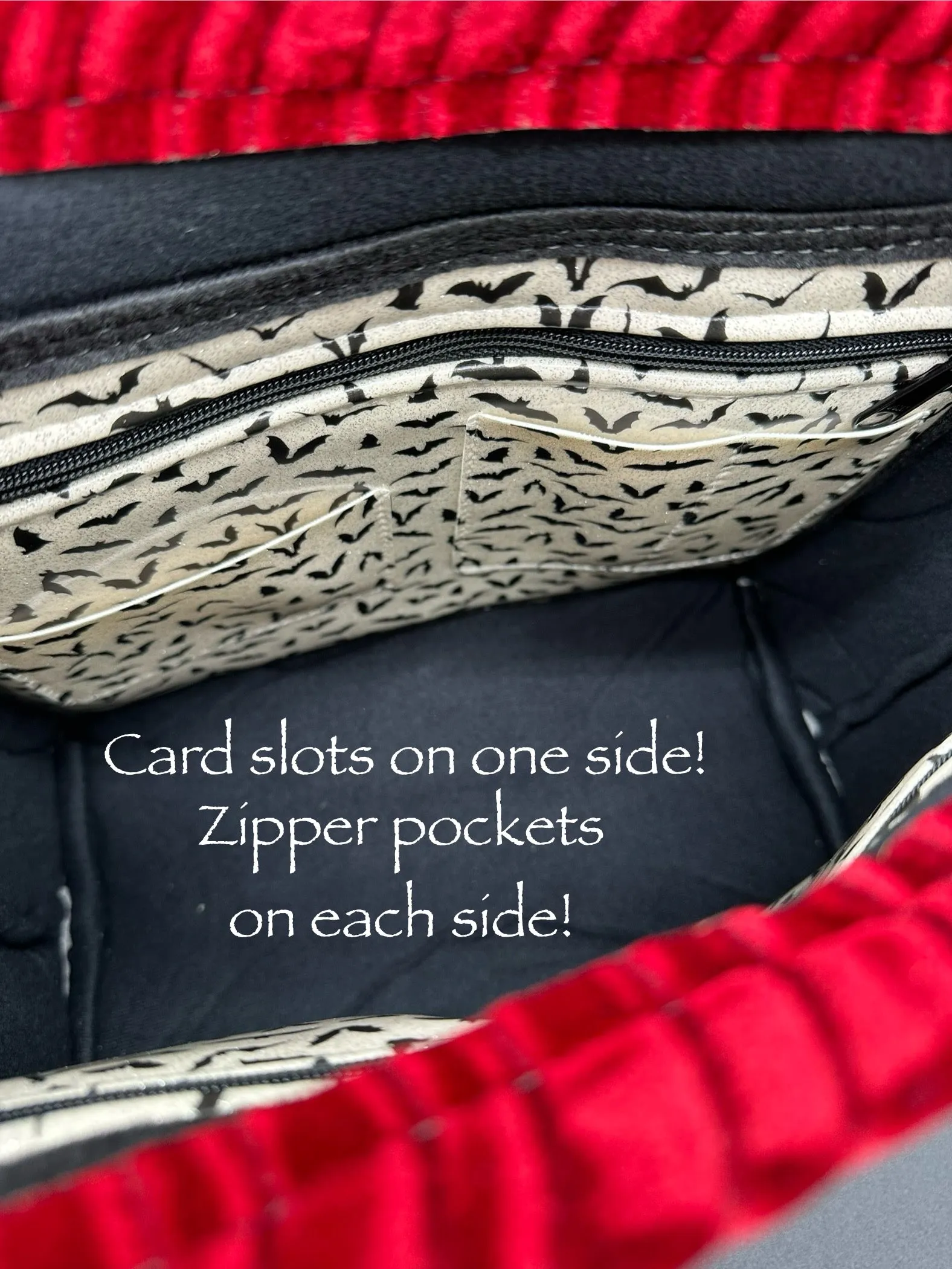 Tote - Double Bats on ONE side - Blood Red Swirl Velvet, Silver Chrome, Black Extra Glitter