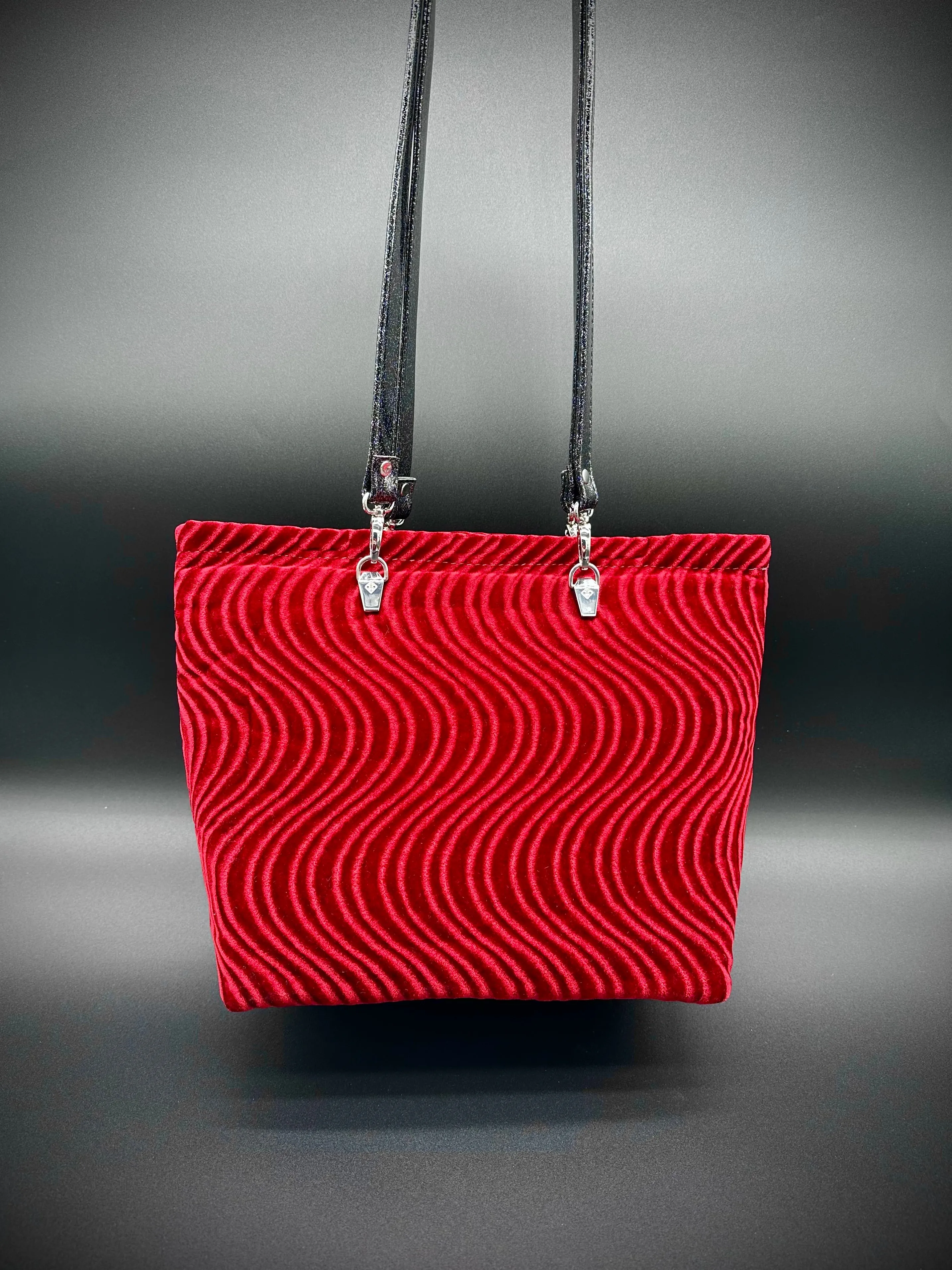 Tote - Double Bats on ONE side - Blood Red Swirl Velvet, Silver Chrome, Black Extra Glitter