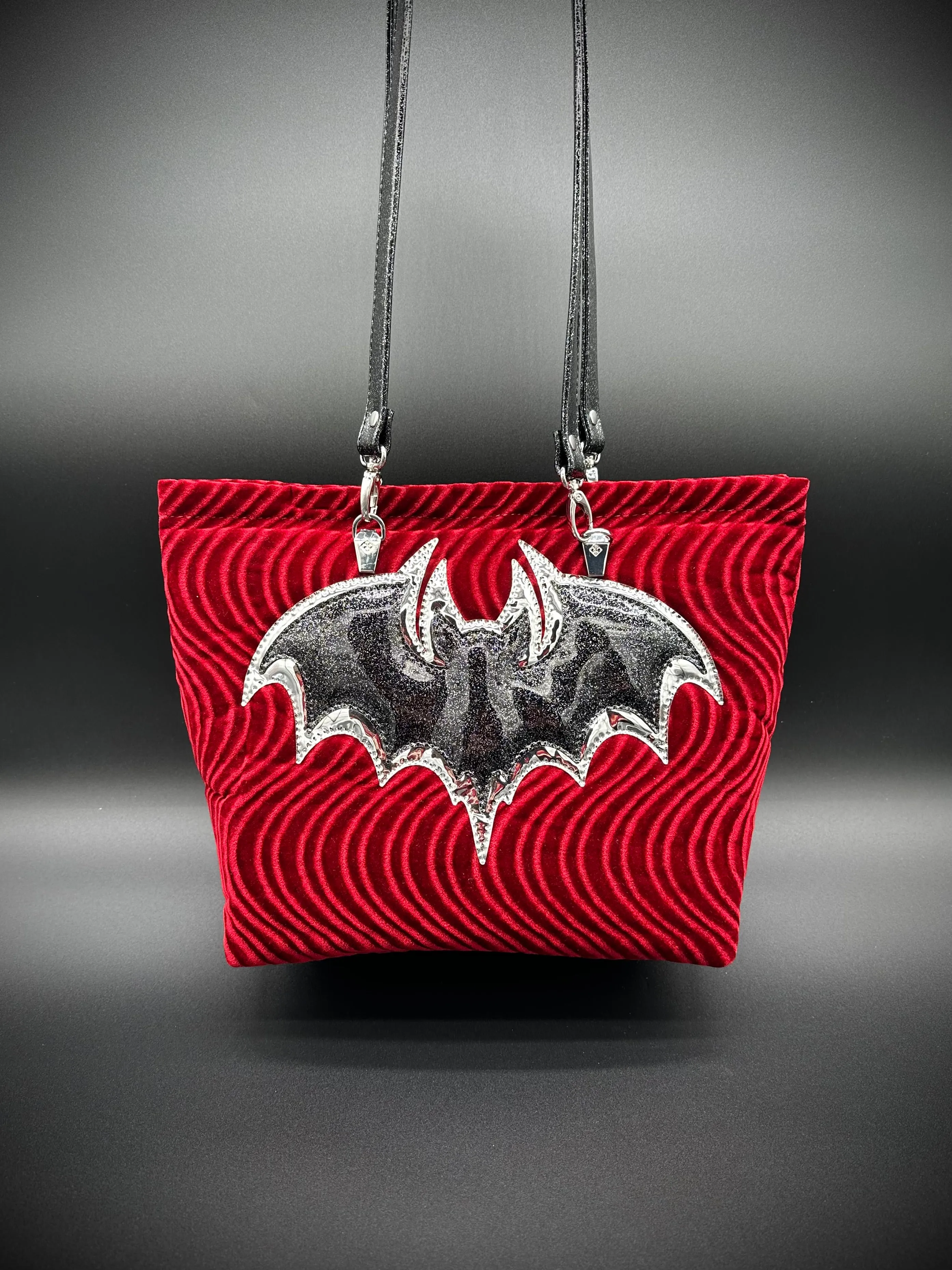 Tote - Double Bats on ONE side - Blood Red Swirl Velvet, Silver Chrome, Black Extra Glitter