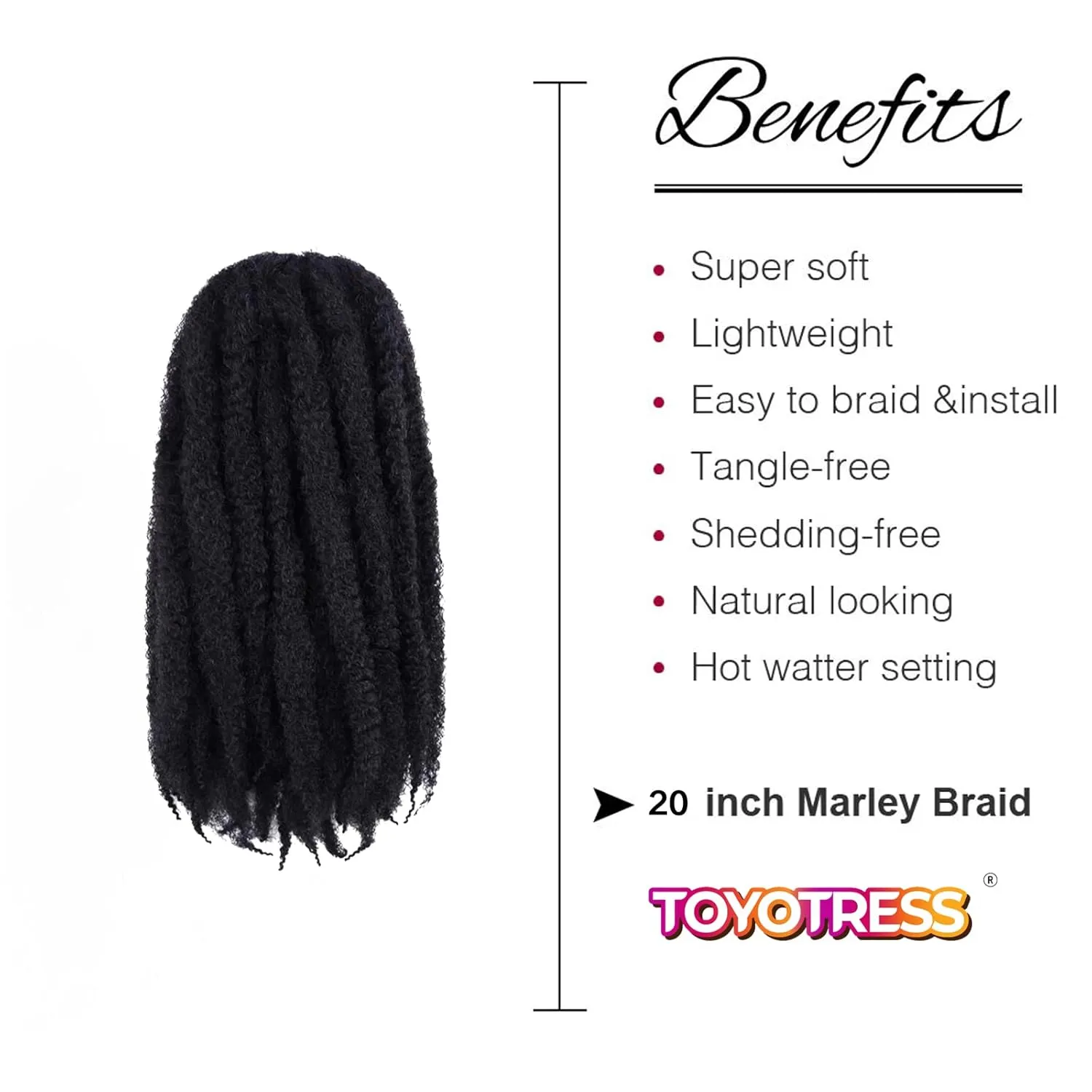ToyoTress Marley Hair Crochet Braids - 20 Inch 6 Packs Marley Twist Crochet Hair For Faux Locs 1B Natural Black, Afro Kinky Curly Marley Braids Synthetic Braiding Hair Extensions (20 Inch, 1B-6P)