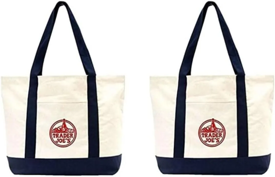 Trader Joe's Large Tote Shopping Bag Cotton Canvas Embroidered Bag (Set of 2)