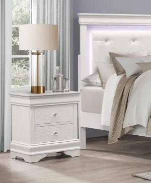 Traditional Design Nightstand with 3 Drawers, Faux Alligator Embossed Fronts, White Finish Wooden Furniture