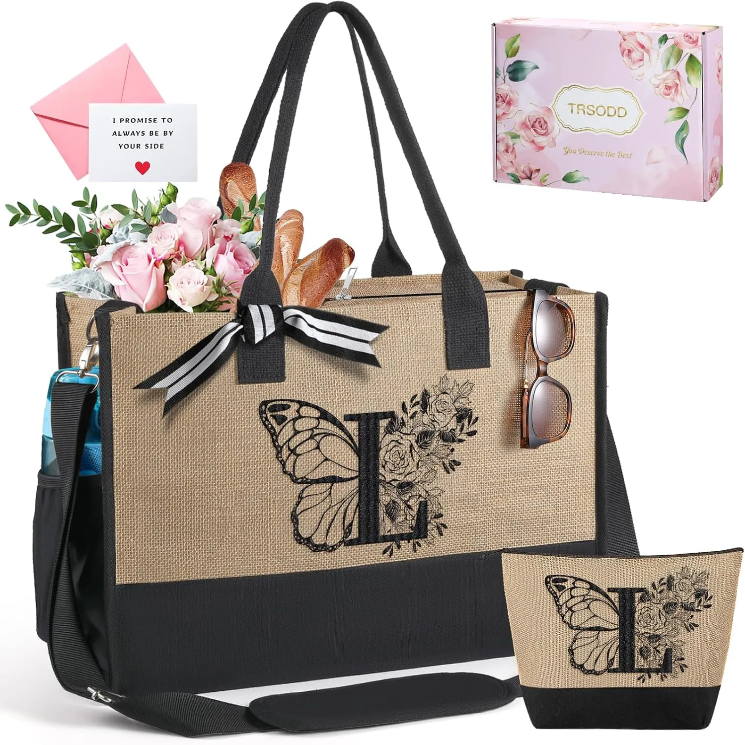 TRSODD Birthday Gifts for Women Mothers Day Gifts for Mom Wife Grandma Daughter Sister Bridesmaid Initial Jute Tote Bag