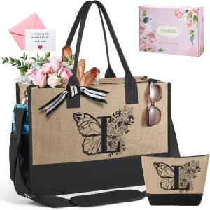 TRSODD Birthday Gifts for Women Mothers Day Gifts for Mom Wife Grandma Daughter Sister Bridesmaid Initial Jute Tote Bag