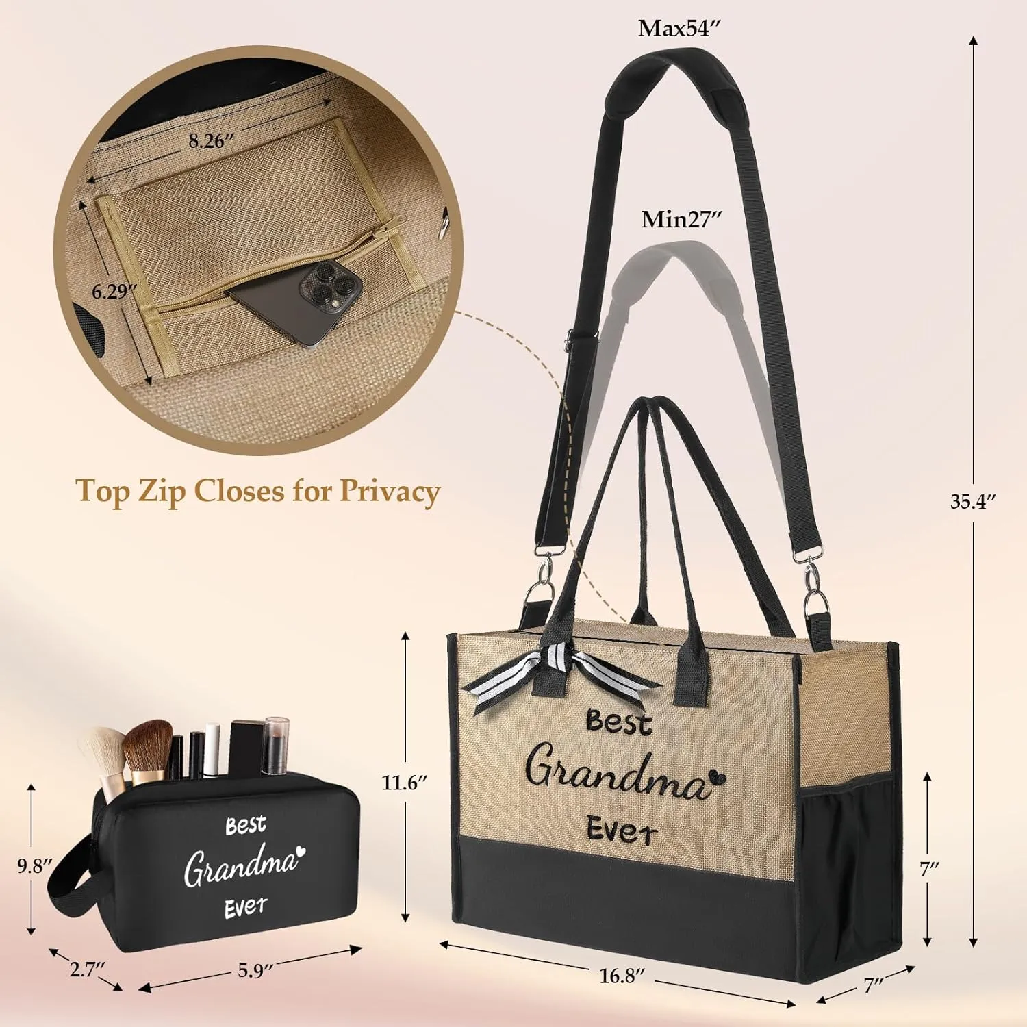 TRSODD Mothers Day Gifts for Sister Friends Birthday Gifts for Her Jute Embroidered Tote Bag for Women and Makeup Bag