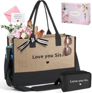 TRSODD Mothers Day Gifts for Sister Friends Birthday Gifts for Her Jute Embroidered Tote Bag for Women and Makeup Bag