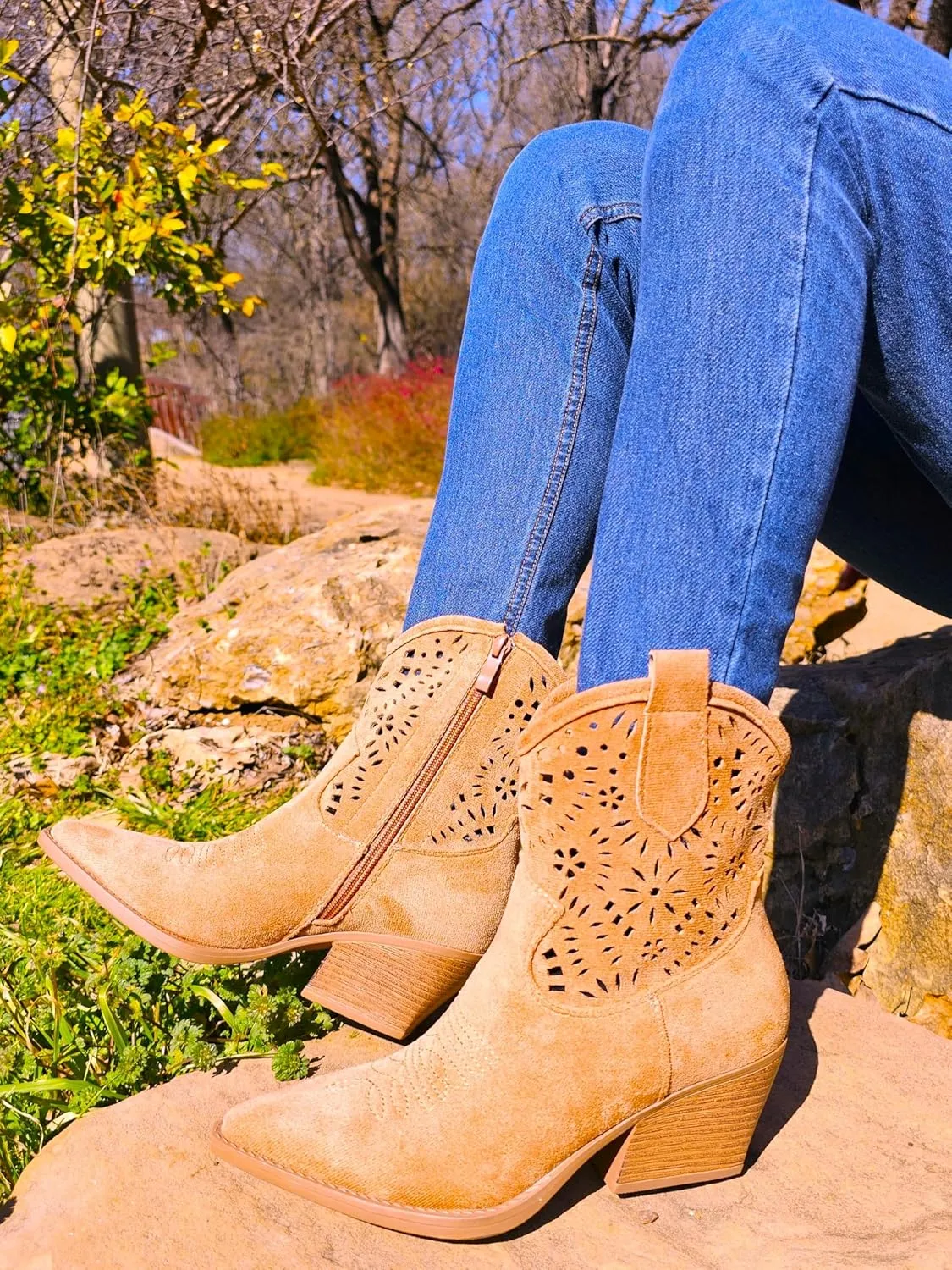 TruFox Women's Cowboy Cowgirl Ankle Booties Western Stylish Faux Leather Low Heel Boots