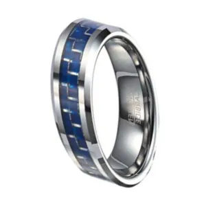 Tungsten Ring for Men with Blue Carbon Fiber Center Inlay | 8mm