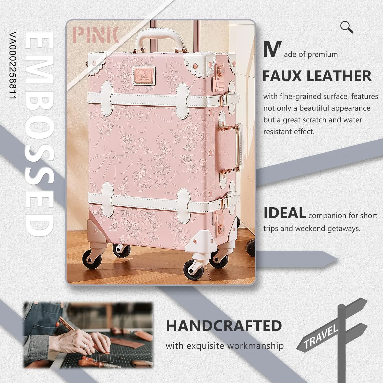 Unitravel 3 Piece Vintage Suitcase Set, Handcrafted Retro Luggage with TSA Lock and Carry On Cosmetic Train Case, Faux Leather Trunk Suitcase with Spinner Wheels for Women, Embossed Pink, 26" 20" 12"