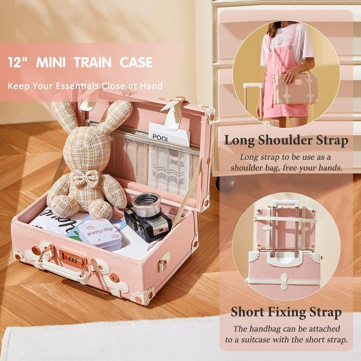 Unitravel 3 Piece Vintage Suitcase Set, Handcrafted Retro Luggage with TSA Lock and Carry On Cosmetic Train Case, Faux Leather Trunk Suitcase with Spinner Wheels for Women, Embossed Pink, 26" 20" 12"